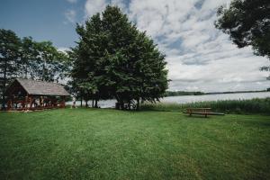 park z kabiną, ławką i jeziorem w obiekcie Agroturystyka nad jeziorem Gaładuś w Sejnach