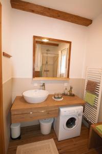 a bathroom with a sink and a washing machine at Ferienhaus "Troadkammer" in der Südsteiermark in Oberhaag