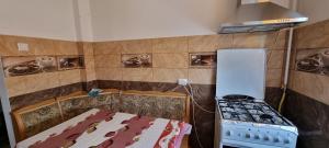 a small kitchen with a stove and a bed in it at Lovely 1 bedroom apartment in Miercurea Ciuc in Miercurea-Ciuc