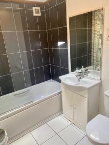 a bathroom with a tub and a sink and a toilet at The Oak Lodge in Aberystwyth