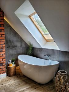 a bath tub in a bathroom with a skylight at Chata Natura in Muszyna