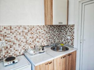 a kitchen with a sink and a tiled wall at Apartments Iva in Star Dojran