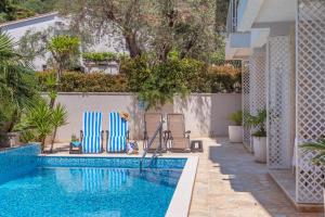 a swimming pool with two chairs next to a house at Apartments Fortunella in Petrovac na Moru