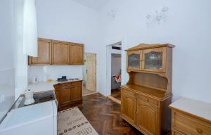 kuchnia z drewnianymi szafkami i białym sprzętem AGD w obiekcie Willa Konradówka (apartament Tolin) w Zakopanem