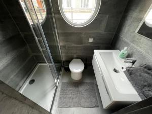 e bagno con lavandino, servizi igienici e doccia. di New houseboat 2 bedrooms a Zwartsluis