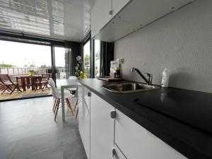 una cucina con lavandino e vista su un patio di New houseboat 2 bedrooms a Zwartsluis