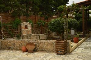 um jardim com uma parede de pedra e algumas plantas em La Casa Azul - Blue House - Το Μπλε Σπίτι em Sitia