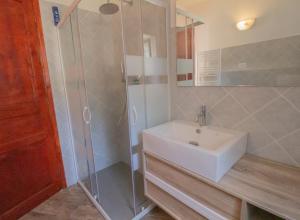 a bathroom with a sink and a glass shower at Il tulipano della Valle Soana in Ronco Canavese
