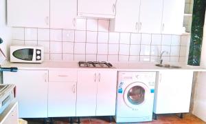 a kitchen with a washing machine and a microwave at La casa azul del Pantano in La Costana