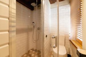 a bathroom with a shower with a toilet and a sink at Fotogrāfa Apartamenti in Kuldīga