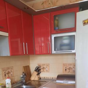 カームヤネツィ・ポジーリシクィイにあるTwo bedroom in Park Zoneのキッチン(赤いキャビネット、電子レンジ付)