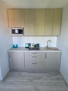 eine Küche mit weißen Schränken, einer Spüle und einer Mikrowelle in der Unterkunft ADI Apartamentai in Panevėžys