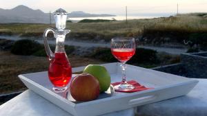 a tray with a glass of wine and some fruit at Κallisto rooms in Mytakas