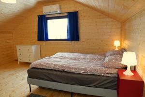 a bedroom with a bed and a window with blue curtains at DOM Z SAUNĄ i JACUZZI Bory Tucholskie in Błądzin