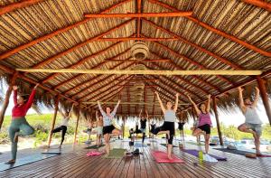 a group of people doing yoga in a bamboo structure at Kumba Lodge in Praia do Tofo