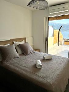 a bedroom with a large bed with a large window at PIEDS DANS L'EAU, TIUCCIA, appartement 2-4 pers in Casaglione