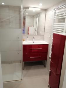 baño con lavabo rojo y espejo en Villa Bayarde, en Figanières