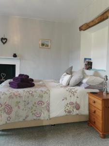 a bedroom with two beds and a fireplace at Rainors farm B&B in Gosforth