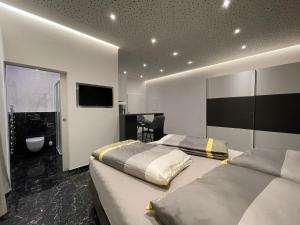 a bedroom with two beds and a bathroom with a television at Exklusive Wohnung in Linz