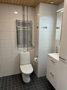 uma casa de banho branca com um WC e um lavatório em ARENA Studio em Tampere