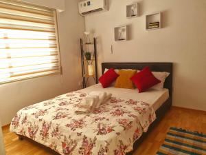 リマソールにあるIkaros Boutique Apartmentのベッドルーム1室(赤と黄色の枕が付くベッド1台付)