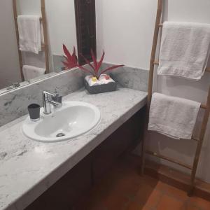 a bathroom with a white sink and a mirror at Les Studios de la Baie 246 in La Trinité