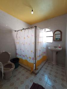 y baño con ducha, aseo y lavamanos. en Casa De Descanso Cuautla Morelos, en Cuautla Morelos