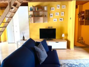 a living room with a blue couch and a tv at Il Fienile in Garessio +9 photos