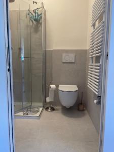 a bathroom with a shower and a white toilet at LaCasadiGuendy in Bolzano