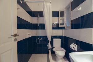a blue and white bathroom with a toilet and a shower at Potamaki Studios & Apartments in Stoupa +52 photos