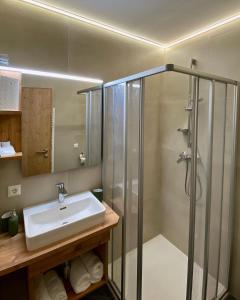 y baño con lavabo y ducha. en Ferienappartements Heinzle - Ihr Ferienresort en Sankt Jakob in Defereggen