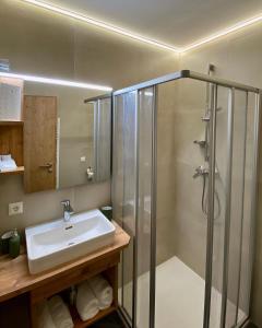 y baño con lavabo y ducha. en Ferienappartements Heinzle - Ihr Ferienresort, en Sankt Jakob in Defereggen