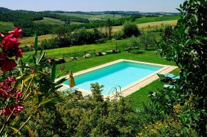 a swimming pool in the middle of a green field at La Rocca della Magione in Monteriggioni