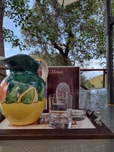 un vaso e dei bicchieri su un tavolo con un libro di IL CASALE B&B a Maierà