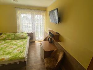 ein Schlafzimmer mit einem Bett und einem Schreibtisch mit Fernseher in der Unterkunft Limba in Łeba
