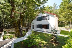 a white house with trees and a yard at Forest house in Cetinje