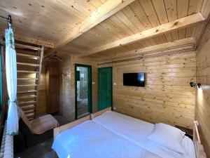 Bett in einem Holzzimmer mit einem TV an der Wand in der Unterkunft Guest House Golijski Dar in Dajići