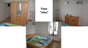 a collage of photos of a bedroom with a bed and a cabinet at Ferienwohnungen Langenstraße - Altstadt in Stralsund