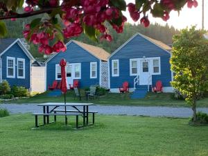 uma mesa de piquenique em frente a uma fila de casas em Motel le repos em Percé