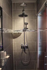 La salle de bains est pourvue d'une douche avec un pommeau de douche. dans l'établissement Hôtel des Buttes Chaumont, à Paris