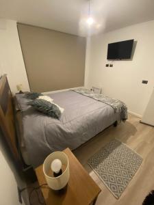 a bedroom with a bed and a table and a tv at Departamento Central Valdivia in Valdivia