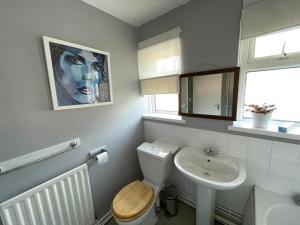 a bathroom with a toilet and a sink at Spacious 2 bed flat. in Whittington