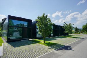 ein modernes Haus mit schwarzer Fassade in der Unterkunft Chalet Park by Maier Mäder in Mäder