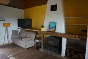 sala de estar con sofá y chimenea en Maison champêtre et joyeuse à la campagne en Berenx