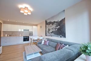 a living room with a couch and a kitchen at Academy Apartment Cieszyn in Cieszyn