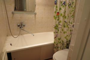 a bathroom with a tub and a toilet and a shower curtain at WILLOW apartamenti in Liepāja