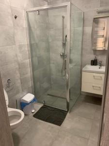 a bathroom with a shower with a toilet and a sink at DOM GOŚCINNY ANNA in Niechorze