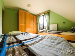 uma cama grande num quarto com paredes verdes em Apartments Jasa em Mozirje