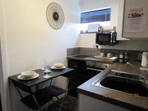 een kleine keuken met een wastafel en een aanrecht bij Drovers Studio Apartment in Tomatin