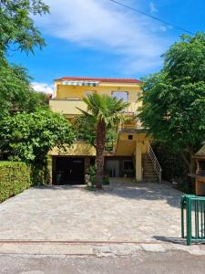 a yellow house with a palm tree in front of it at Biba Apartman in Petrcane